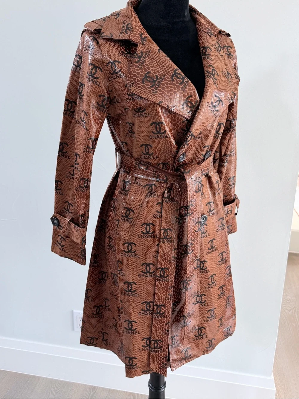 Gorgeous Faux Leather Brown Logo-Print Trench Coat size S